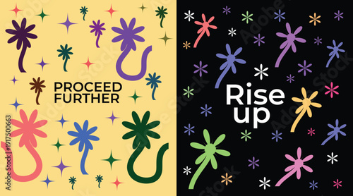 Vibrant dual graphic with inspirational quotes and palm tree motifs