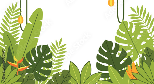 A vibrant tropical foliage frame with lush green leaves and golden accents on transparent background silhouette high quality professional detailed modern