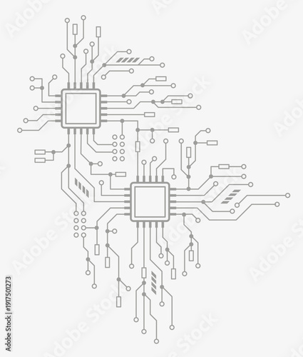 Circuit board digital abstract elements. Computer motherboard with a AI chip, processor, and semiconductors. Technology background.