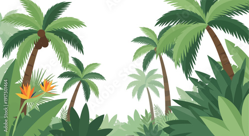 A vibrant tropical scene featuring lush palm trees exotic flowers and dense foliage presented as a silhouette on transparent background