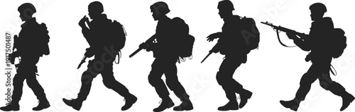 Soldier silhouette icon set with rifles and helmets, military patrol illustration, vector artwork, editable, isolated graphic design for defense themes