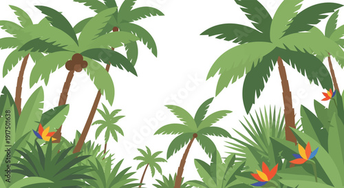 A vibrant tropical scene with swaying palm trees and colorful birds ideal for designs on transparent background silhouette high quality professional