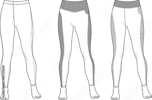 Technical Fashion Flat Sketch of Women's Performance Leggings, High Waist Yoga Pants with Mesh Panels Vector Template Front View for Activewear Apparel Design