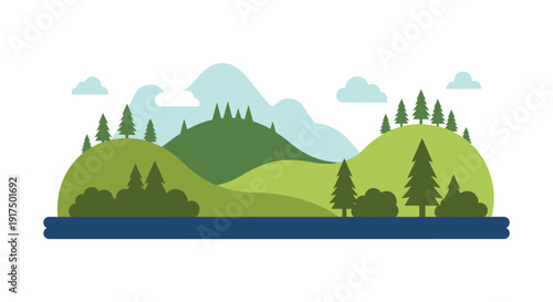 A stylized landscape illustration featuring mountains trees and water presented as a silhouette on transparent background high quality professional detailed modern
