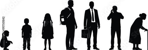 Human life stages silhouette illustration, progression from childhood to adulthood and old age, black vector artwork for aging, development motif design