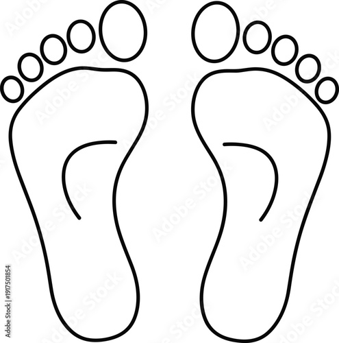 Human footprint silhouette illustration, black-and-white line drawing with toes and arches, vector artwork for anatomy, podiatry, educational motif design