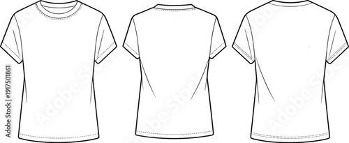 Technical Fashion Flat Sketch of Women's Short Sleeve T-shirt, Casual Crew Neck Top Front and Back View Vector Template for Apparel Design and Mockup