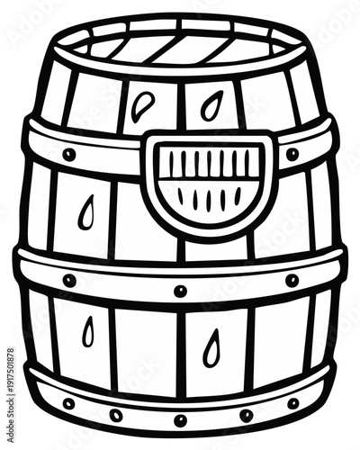 Traditional cartoon wooden barrel filled with liquid or water outlined and leaking drops, hand drawn style