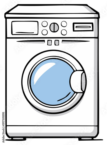 Cartoon illustration of a washing machine with blue glass door.