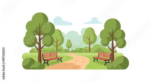 A vibrant park scene with lush trees a winding path and two benches offering design versatility on transparent background silhouette
