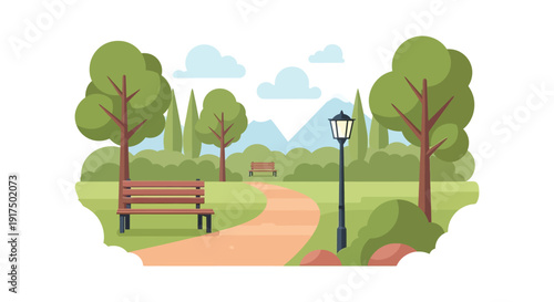 A peaceful park scene with trees a winding path benches and a lamppost on transparent background silhouette high quality professional detailed