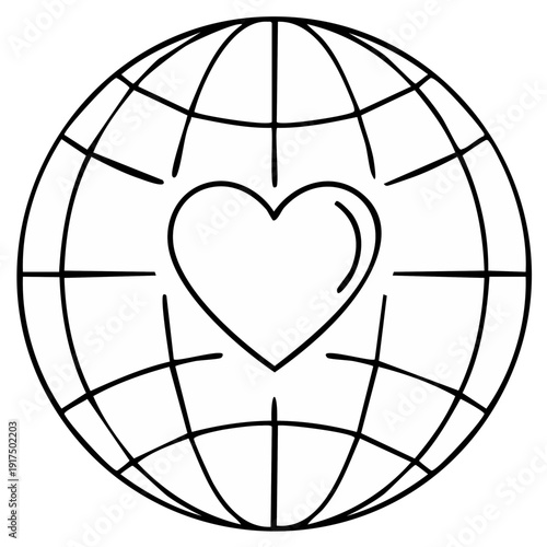 Outline of a globe with a heart symbol in the center symbolizing worldwide love and connection