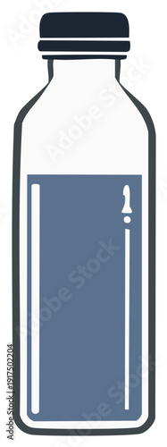 Simple illustration of a clear bottle filled with blue liquid and a dark lid