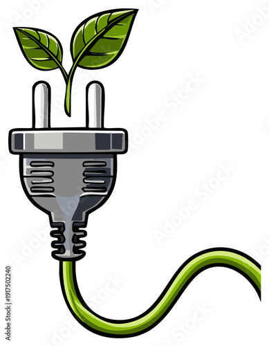 Green energy power plug with leaves representing renewable electricity concept