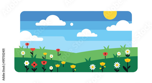 A vibrant landscape illustration featuring a sunny sky fluffy clouds green hills and colorful flowers on transparent background silhouette high quality