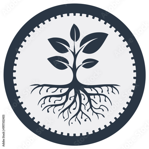 Circular icon of a growing plant with visible roots, symbolizing nature, growth, and sustainability