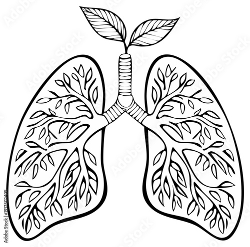 Illustration of lungs with leaves, representing health, growth, and nature