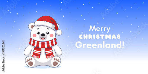 Vector cartoon of cute funny happy and cuddly little polar bear cub sitting in snow wearing Santa hat and red scarf. Merry Christmas Greenland. Winter snowy and cold. Holiday card, poster or banner