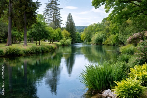 River flowing through green forest landscape reflecting trees