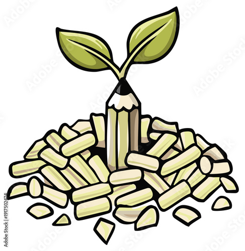 Pencil sprout above rice grain pile illustration, creative growth