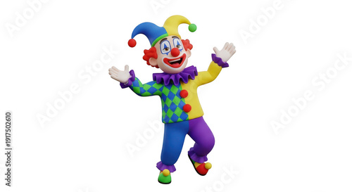 A cheerful jester character in a colorful costume, animated and ready to entertain isolated on transparent background