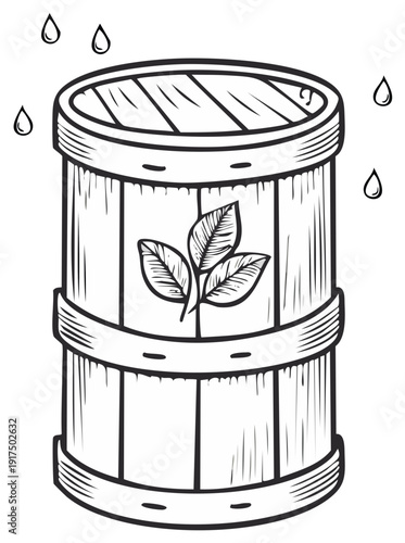 Hand drawn wooden barrel with a leaf emblem and liquid drops line art illustration