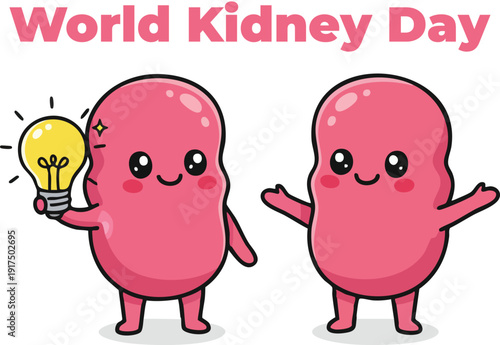 Cute cartoon kidneys with smiling faces and light bulb design promoting kidney health awareness and medical education