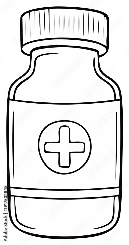 Obraz premium Cartoon Medicine Bottle with Cross Symbol