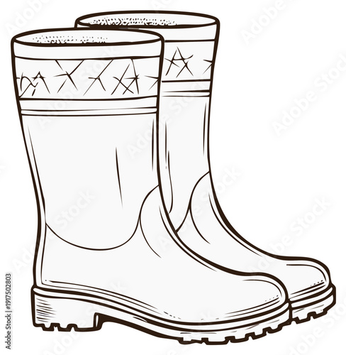 Hand drawn sketch of a pair of rubber rain boots. Wellington boots line art illustration for gardening.