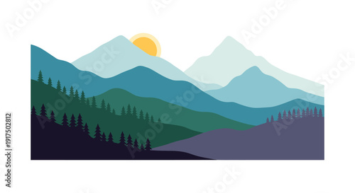 A stylized landscape featuring mountains trees and a rising sun perfect for designs on transparent background silhouette high quality professional detailed