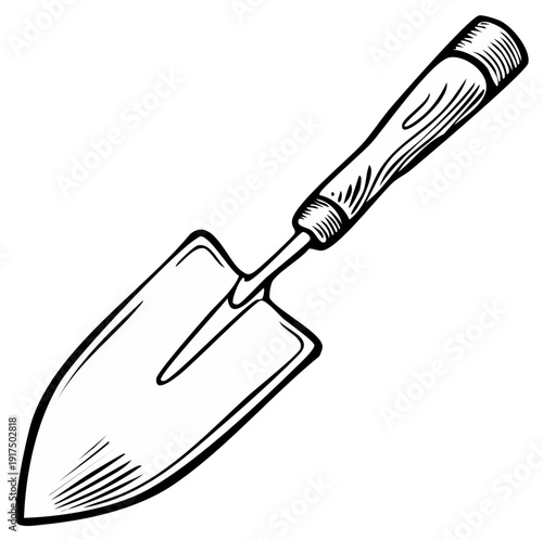 Illustration of a small garden trowel with wooden handle, hand drawn.