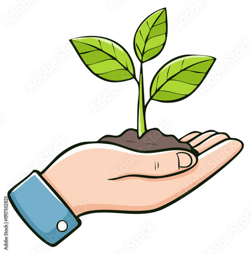 Human hand holding a tiny green sprout with soil showing growth and nurturing concept