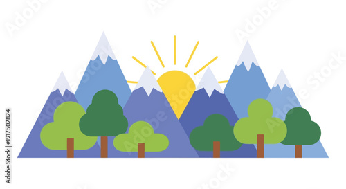 A stylized landscape featuring mountains trees and a radiant sun all presented as a silhouette on transparent background high quality professional