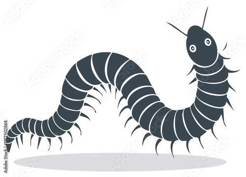 Whimsical Cartoon Centipede with Antennae Crawling in Silhouette on Gray Background