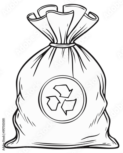 Recycle Symbol on a Full Trash Bag, Black and White Drawing, Environmental Waste Concept