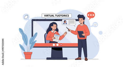 Virtual learning concept with tutor and student in modern online classroom
