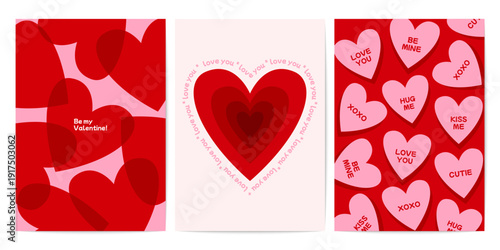 Valentines Day cards. Romantic love posters with heart shape for February 14 invitation, abstract modern minimal love celebration banner design. Vector background set