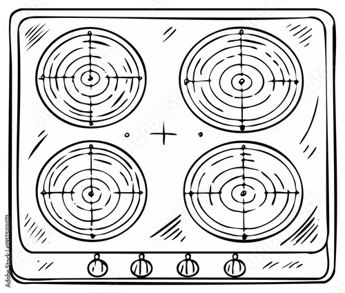 Hand drawn illustration of a four burner electric stovetop with control knobs