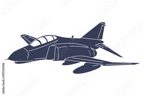 Minimalist monochrome vector of a modern combat aircraft viewed from an angled perspective. Bold silhouette style emphasizing sleek military aviation design. F4 phantom aircraft from united states.