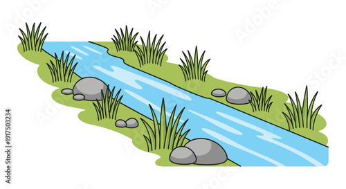 A vibrant illustration of a winding stream through grassy banks and rocks ideal for designs on transparent background silhouette high quality
