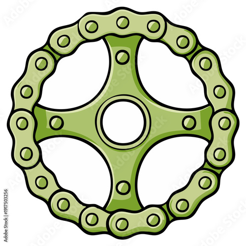 Green bicycle chainring and chain element stylized illustration