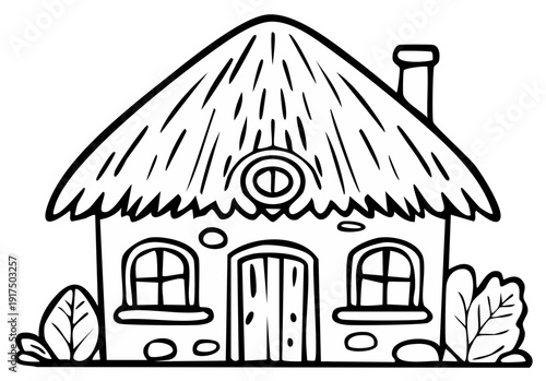 Cartoon cottage illustration with thatched roof and arched windows, vector outline.