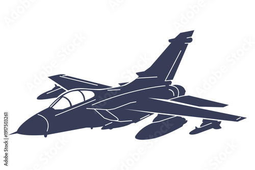Minimalist monochrome vector of a modern combat aircraft viewed from an angled perspective. Bold silhouette style emphasizing sleek military aviation design. Panavia tornado aircraft.