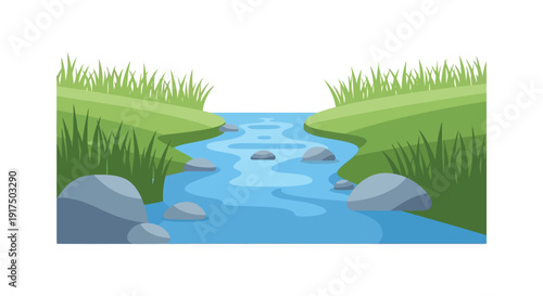 A cartoon illustration of a small stream flowing through a green landscape with rocks and grass on transparent background silhouette