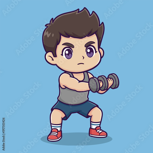 Cartoon boy exercising with dumbbells in a squat position against a blue background with a focused expression.