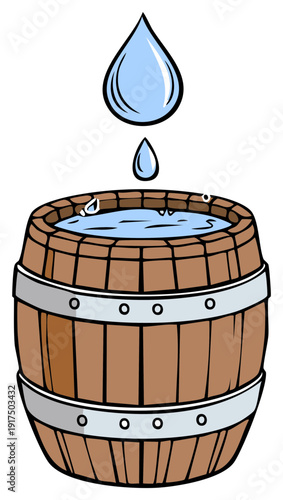 Cartoon water drop falling into a rustic wooden barrel filled with water