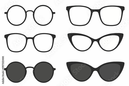Essential Eyewear Vector Collection: Round, Square, Cat Eye Glasses and Sunglasses Frames on White