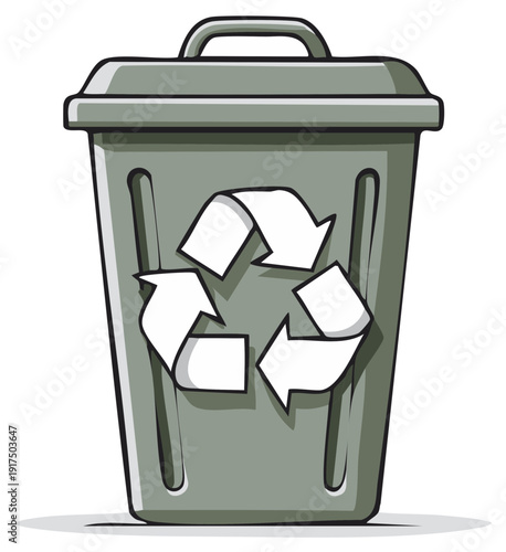 Recycling bin illustration shows trash management with the universal recycling symbol for reusing materials