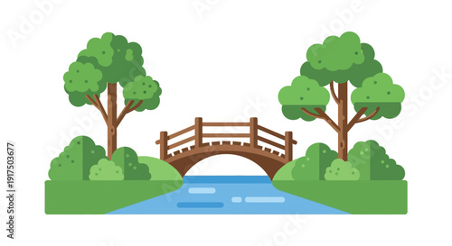 A charming illustration depicts a wooden bridge over a blue stream framed by lush green trees on transparent background silhouette