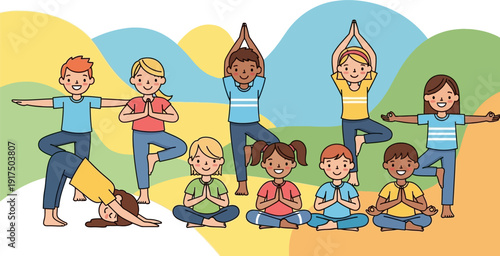 Group of diverse children practicing yoga together outdoors.